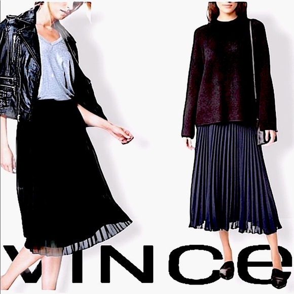 Vince Dresses & Skirts - TGIBF Sale Vince Chiffon Accordian Pleated Navy Indigo Blue Midi Skirt FIRM
